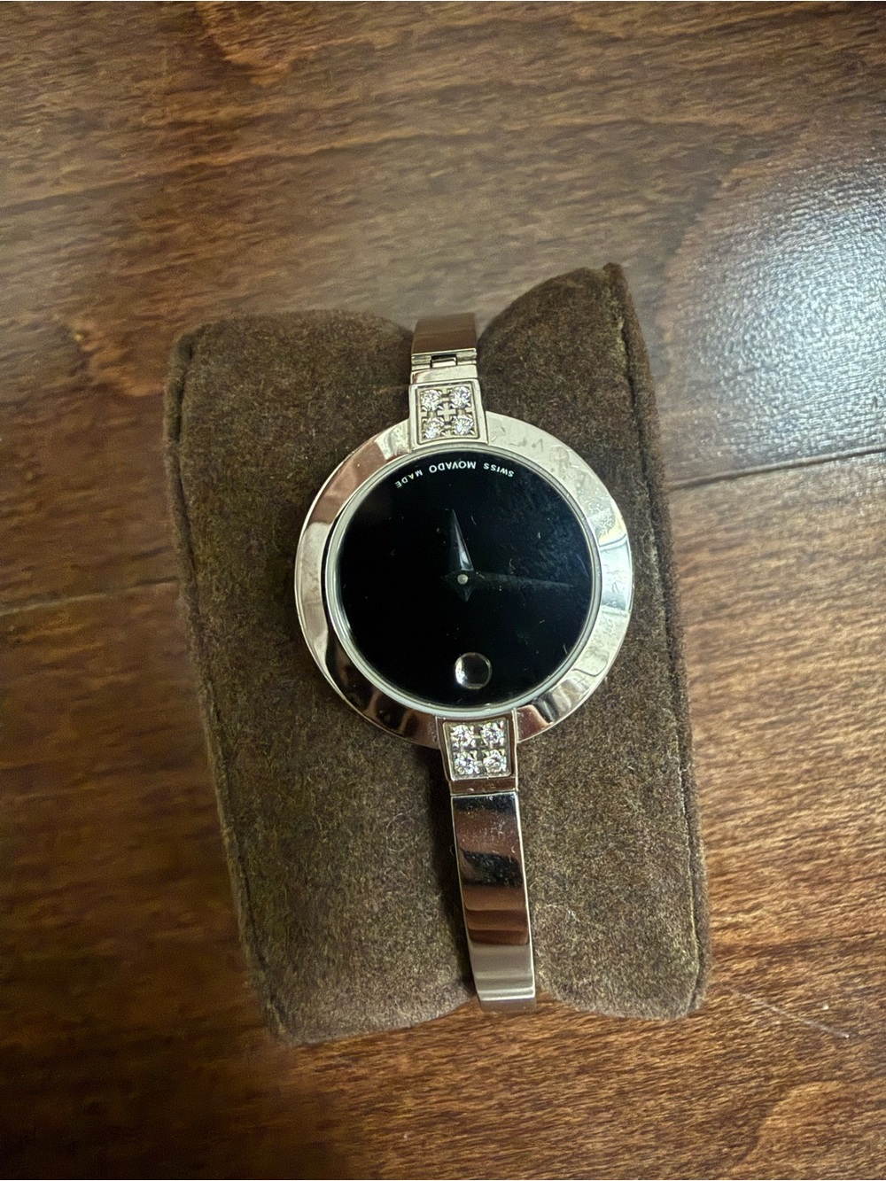 Movado Silver-Tone Bracelet Watch with Black Dial and Crystal Accents